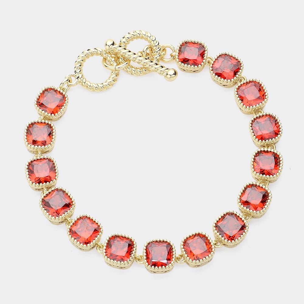 14K Gold & Red CZ Stone Link Toggle Bracelet